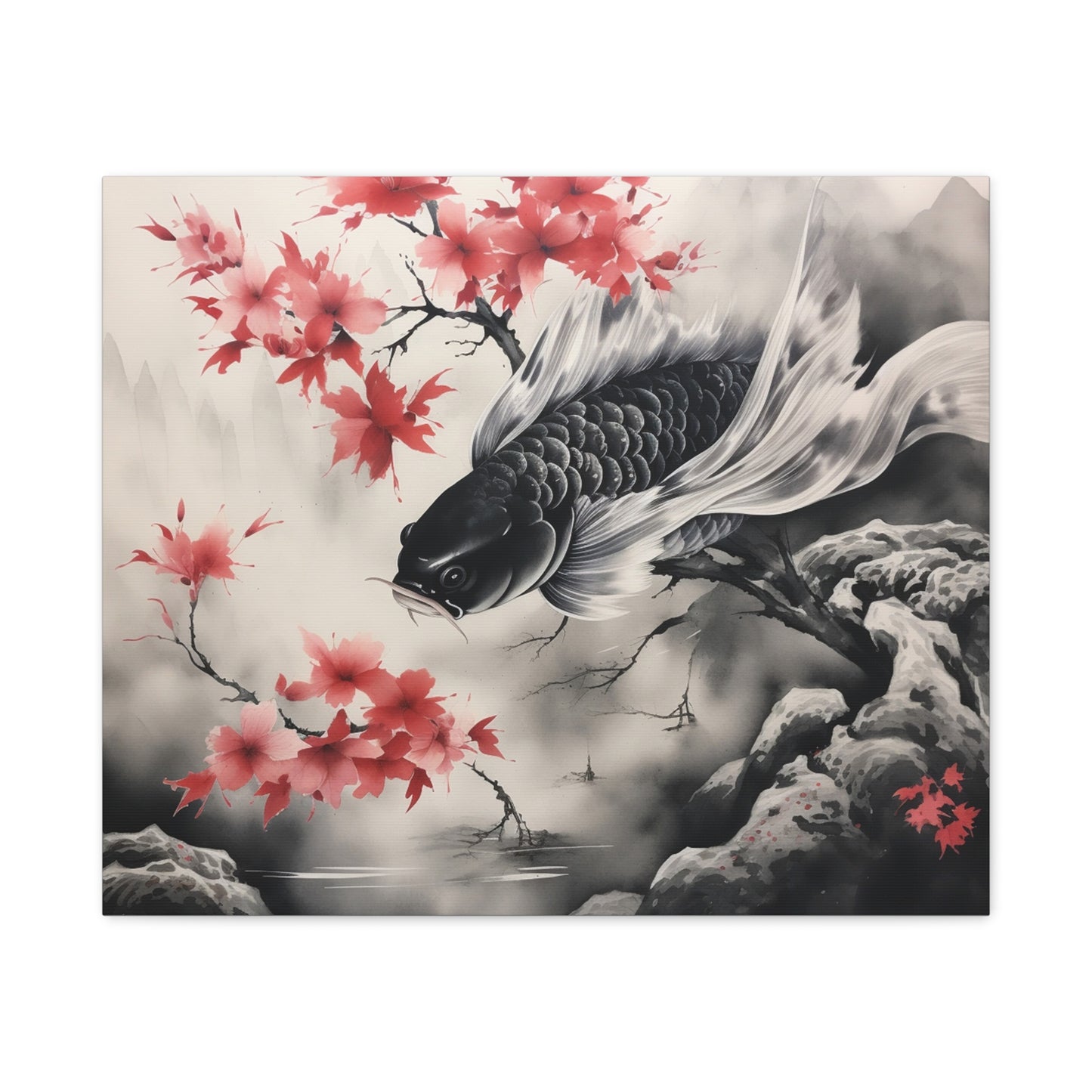 Koi Fish Artwork Canvas Wall Art Print - Elegant Decorative Wall Art with Cherry Blossoms