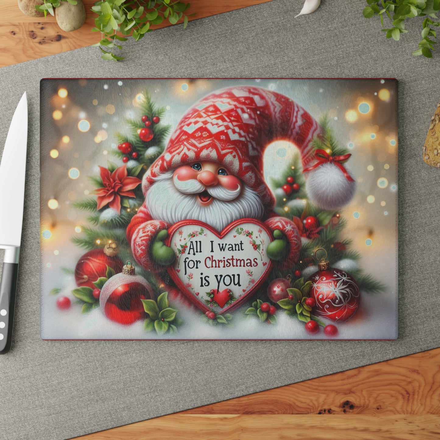 Festive Christmas Glass Cutting Board - Holiday Kitchen Decor with Santa Design