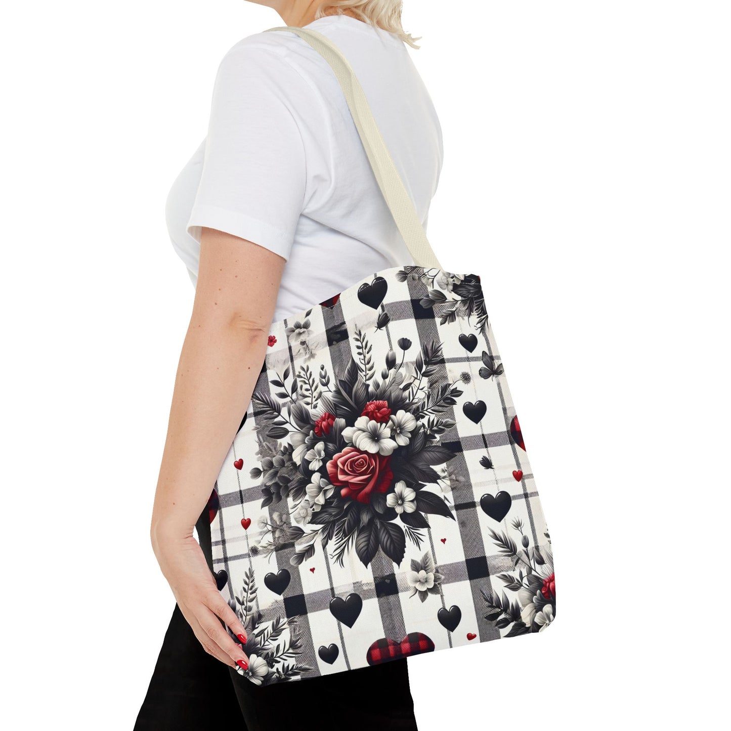 Stylish Valentine Plaid Flower Heart Tote Bag