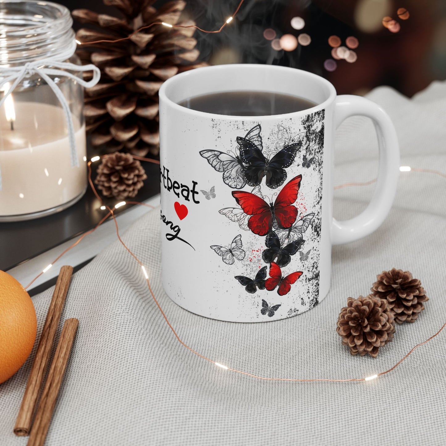 Romantic Heartbeat With Butterflies Ceramic Mug – “Your Heartbeat Is My Favorite Song” Gift