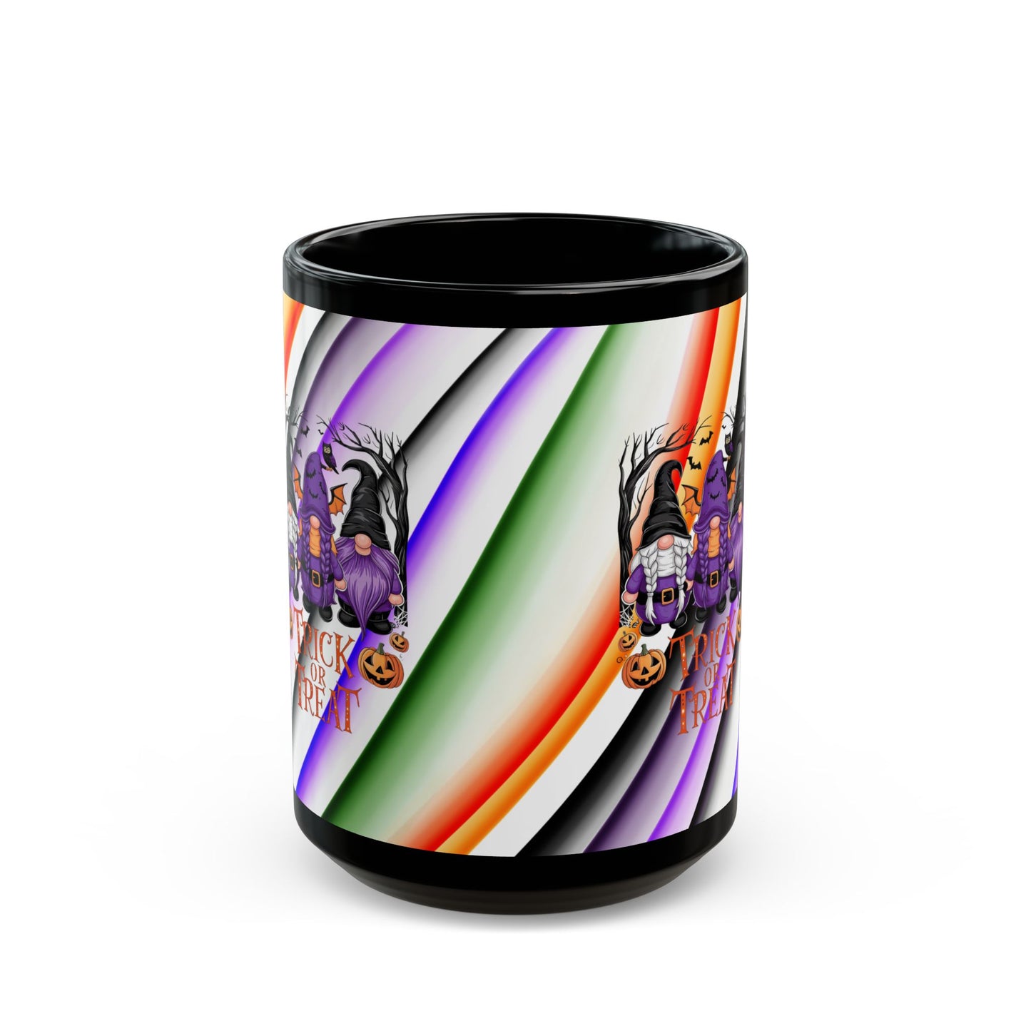 Halloween Theme Black Mug (11oz, 15oz), Cute Halloween Expression with Gnomes, Halloween Lovers, Gnome Lovers, Coffee, Tea, Hot Chocolate Lovers Gift Idea