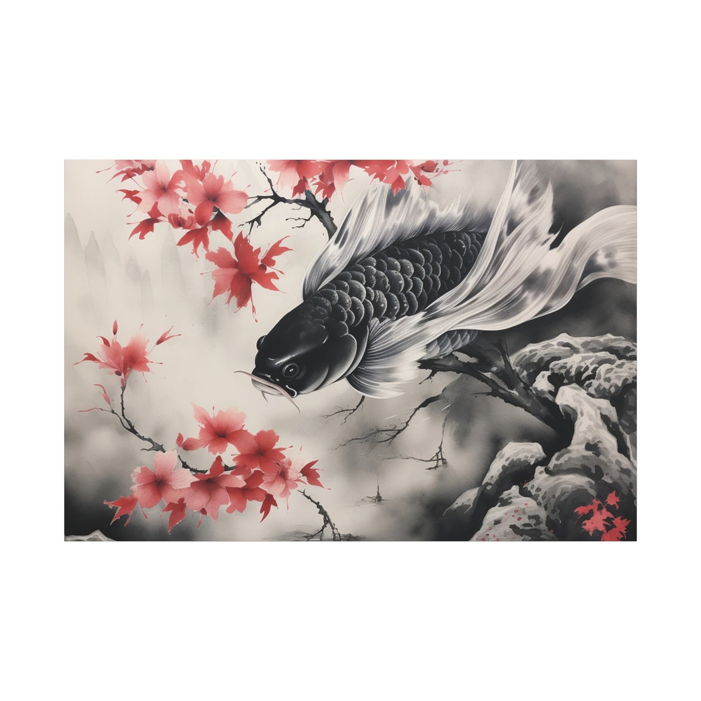 Koi Fish Artwork Canvas Wall Art Print - Elegant Decorative Wall Art with Cherry Blossoms