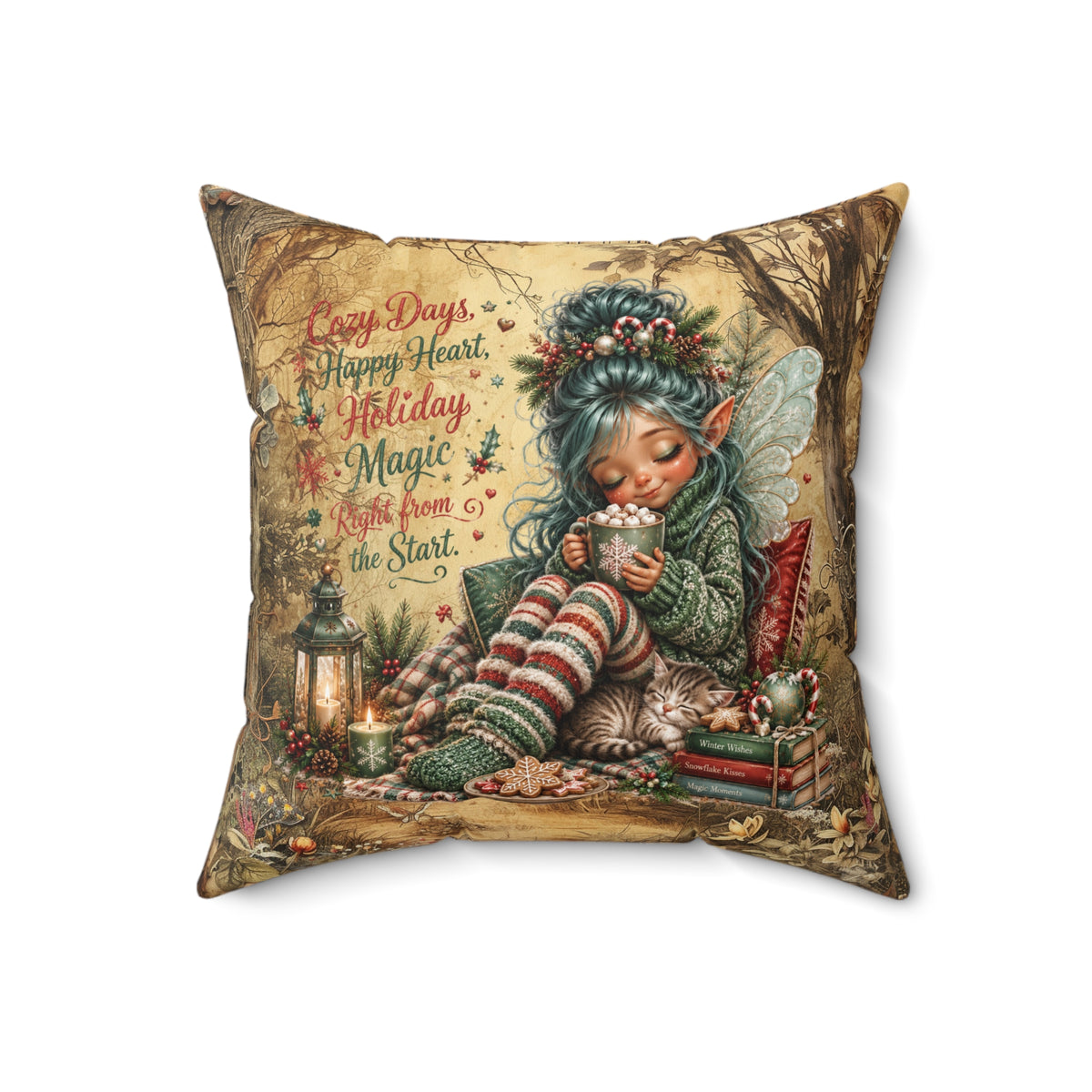 Holiday Elf Pillow — 'Cozy Days, Happy Heart, Holiday Magic' Faux Suede Holiday Throw Pillow
