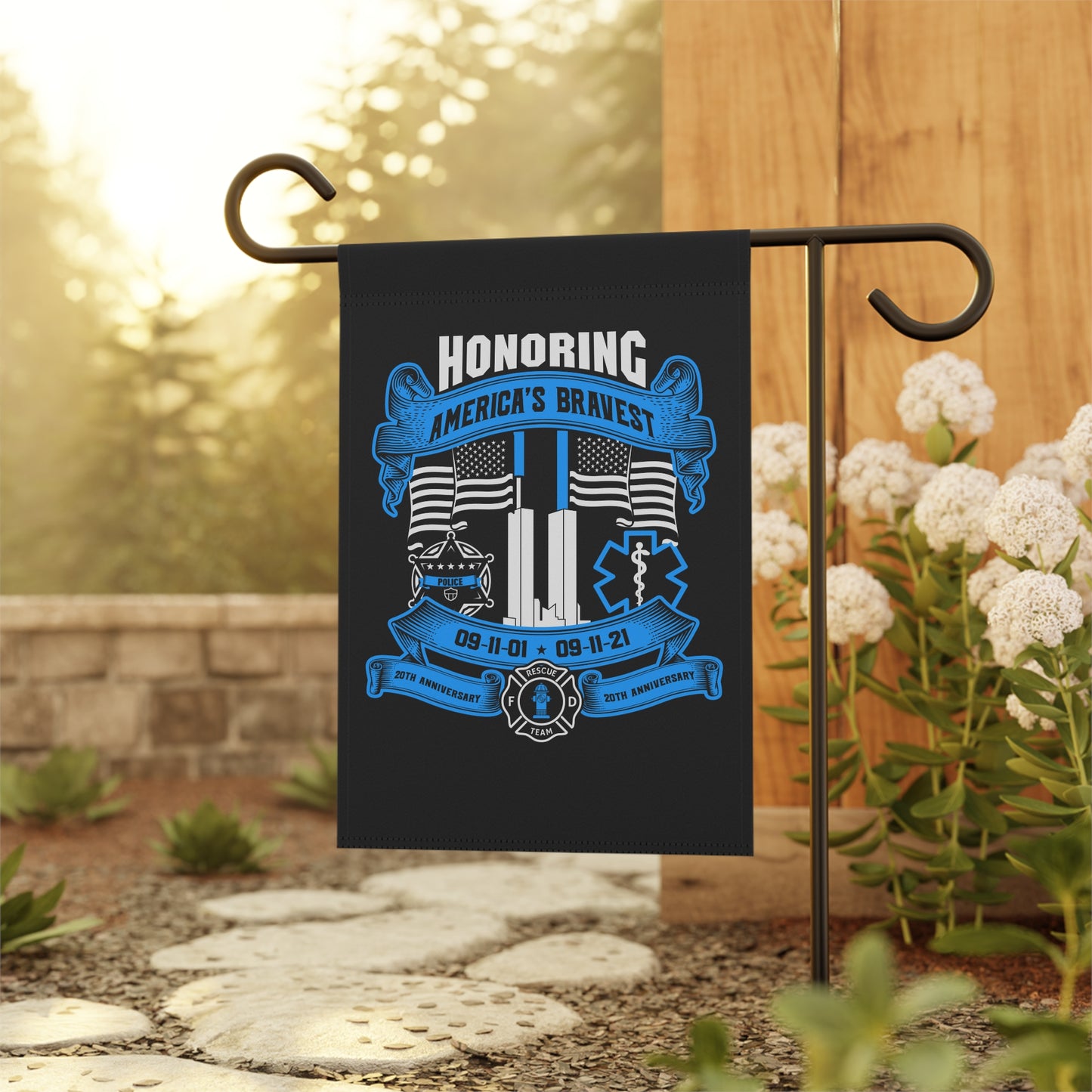 Patriotic Garden Flag - Honoring America's Bravest 20th Anniversary Banner