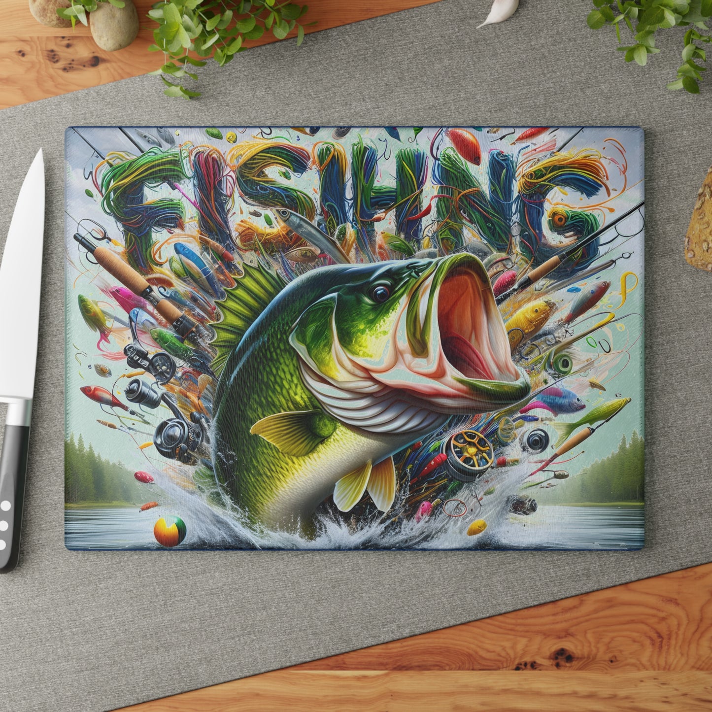 Vibrant Fishing Glass Cutting Board