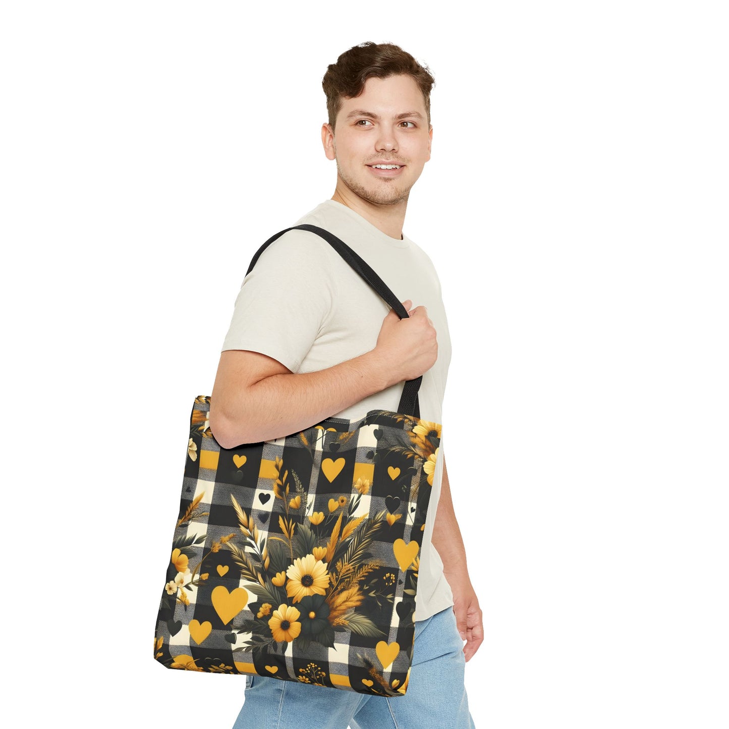 Stylish Yellow and Black Plaid Pattern with Floral and Hearts Tote Bag(AOP)