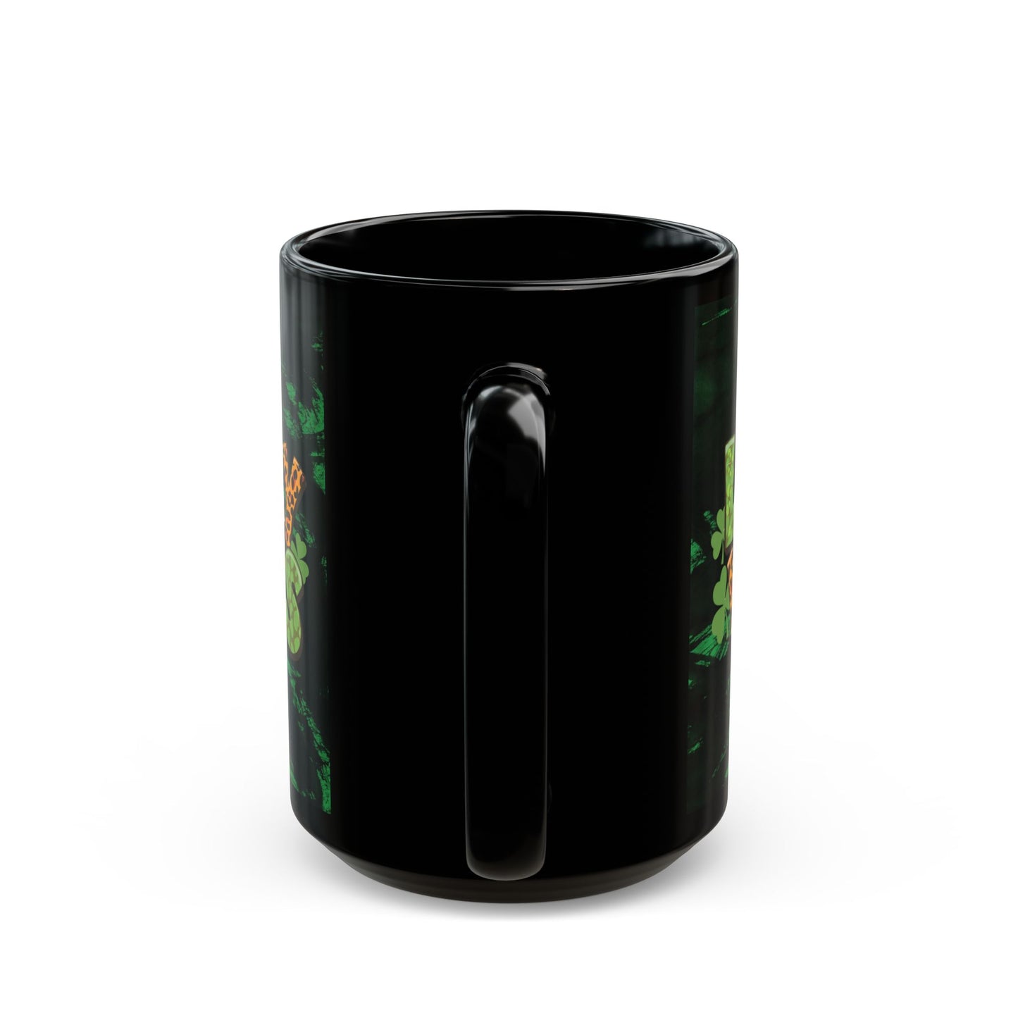 Lucky Vibes Black Mug — St. Patrick’s Day Leopard Print Shamrock Coffee Cup (11oz/15oz)