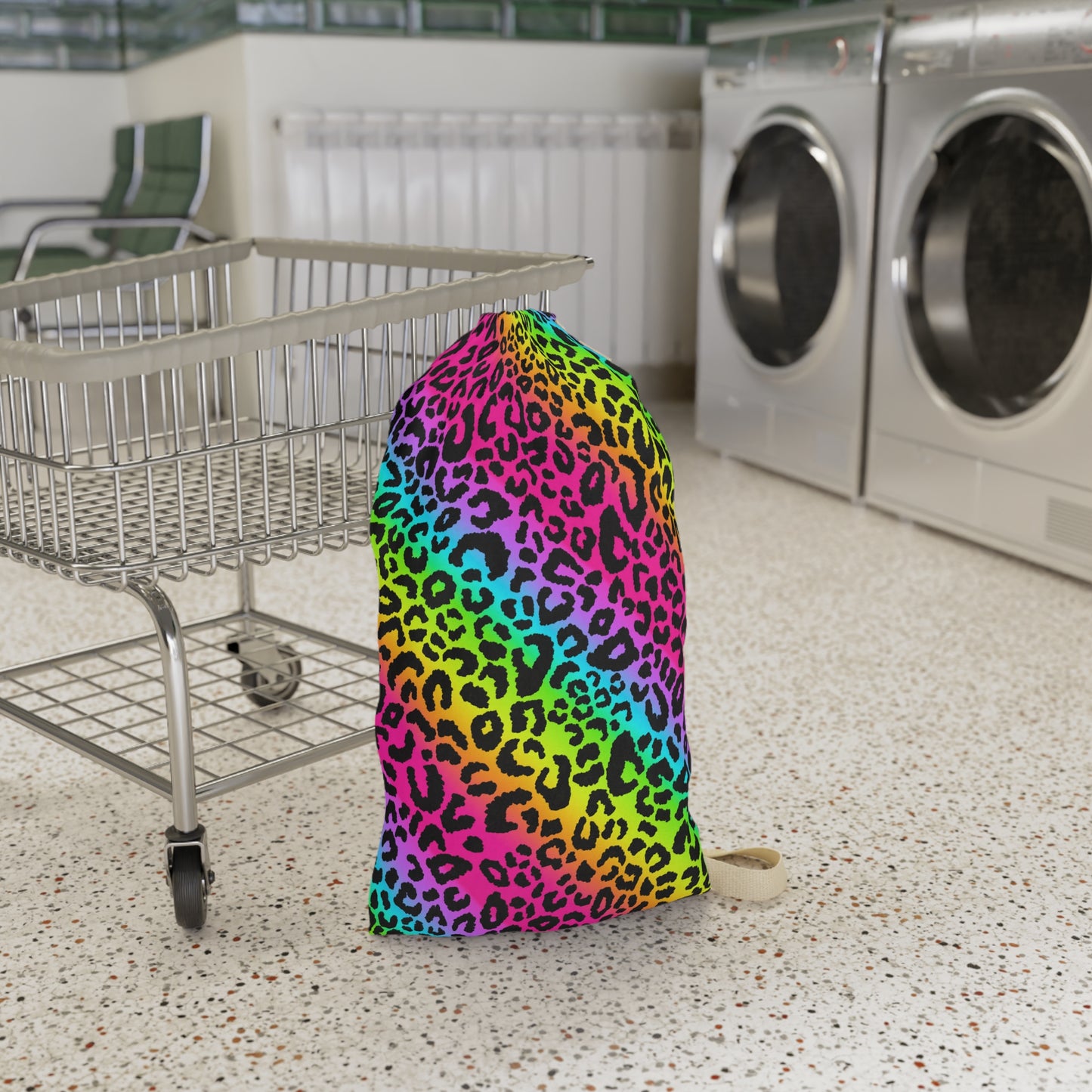 Rainbow Leopard Print Laundry Bag — Bright Neon Animal Print Drawstring Tote for Dorms & Travel