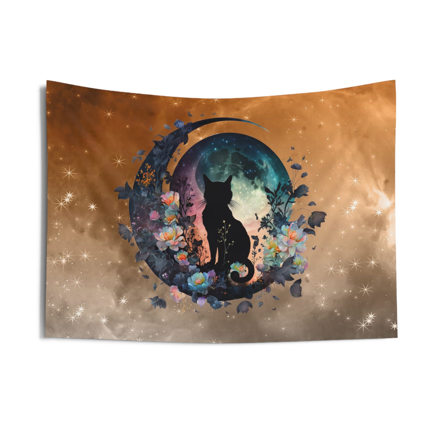 Mystical Cat Indoor Wall Tapestry, Bohemian Home Decor, Cat Lovers Gift, Space Art, Floral Wall Hanging