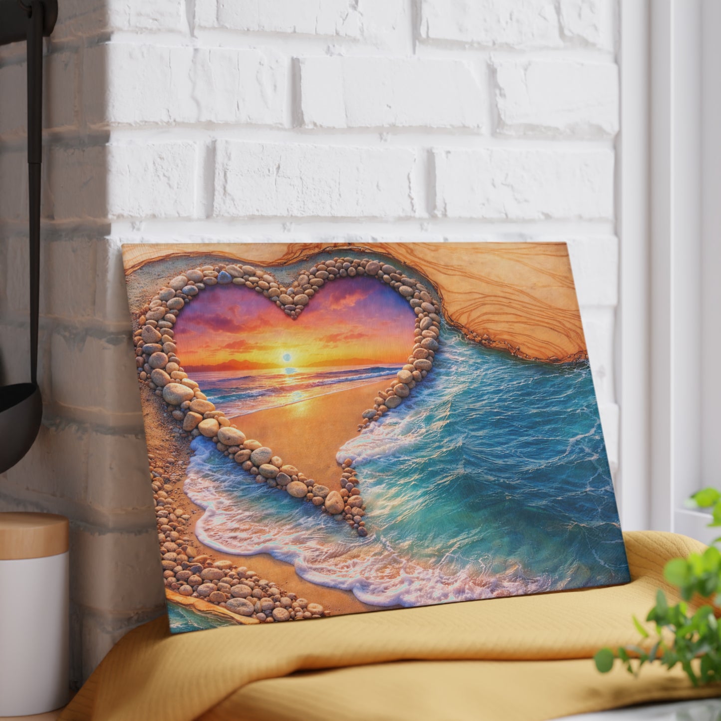 Glass Cutting Board - Heart Beach Sunset Seaside Design