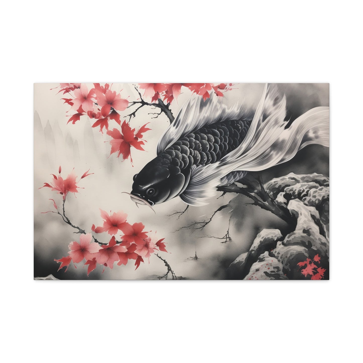 Koi Fish Artwork Canvas Wall Art Print - Elegant Decorative Wall Art with Cherry Blossoms