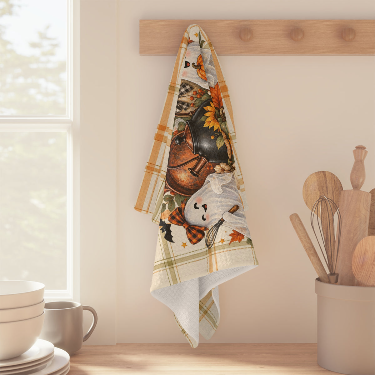 My Kitchen Has Spirits Halloween Ghosts Microfiber Tea Towel