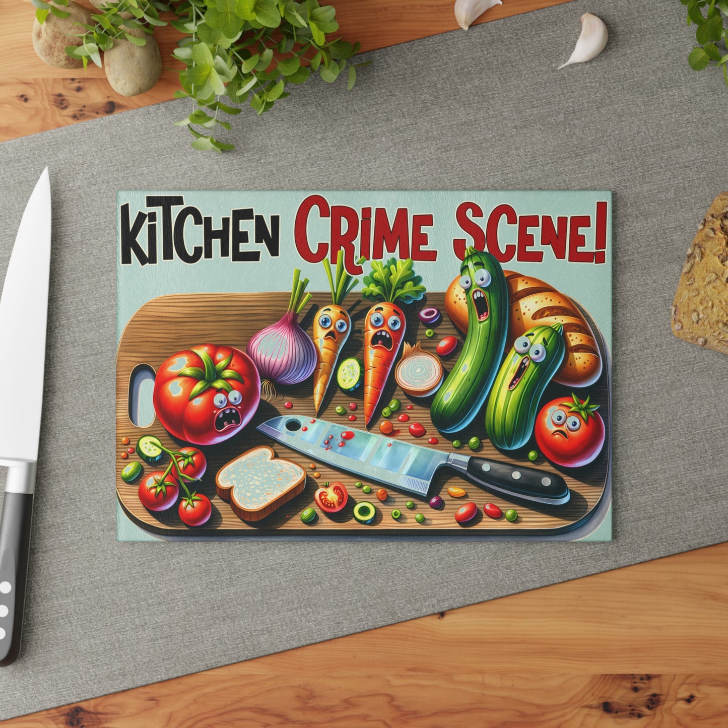 Whimsical Kitchen Crime Scene Glass Cutting Board - Chef Foodie Gift