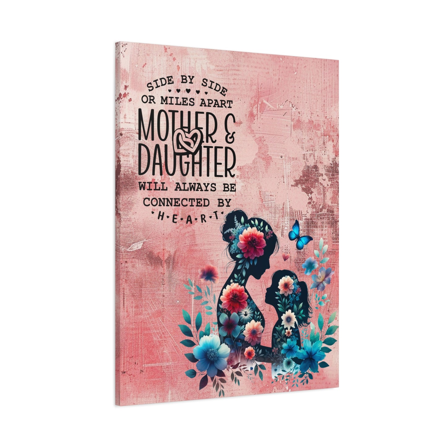 Mother-Daughter Love With Floral And Butterfly Canvas Wall Art Print