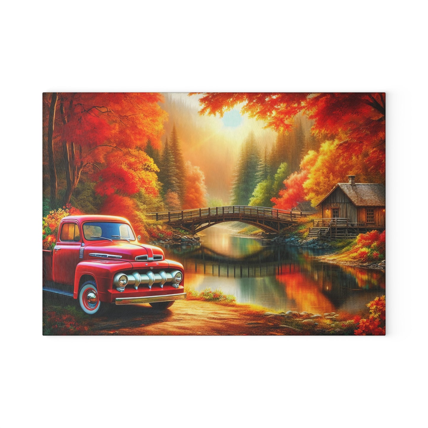 Rustic Autumn Glass Cutting Board with Vintage Truck Design