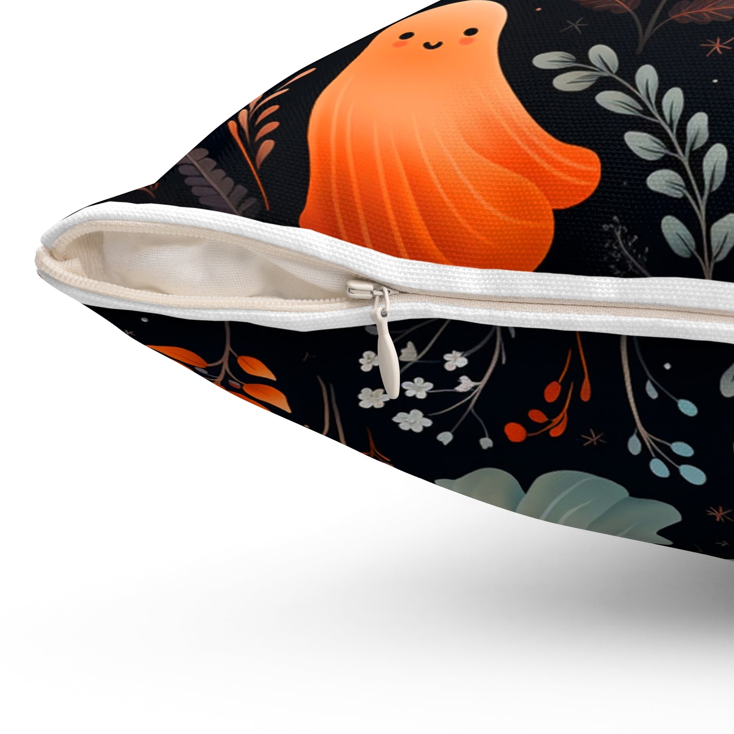 Friendly Ghosts And Floral Spun Polyester Square Pillow, Accent for Any Room, Beautiful Fun Festive Halloween Decor, Great Housewarming Gift Idea