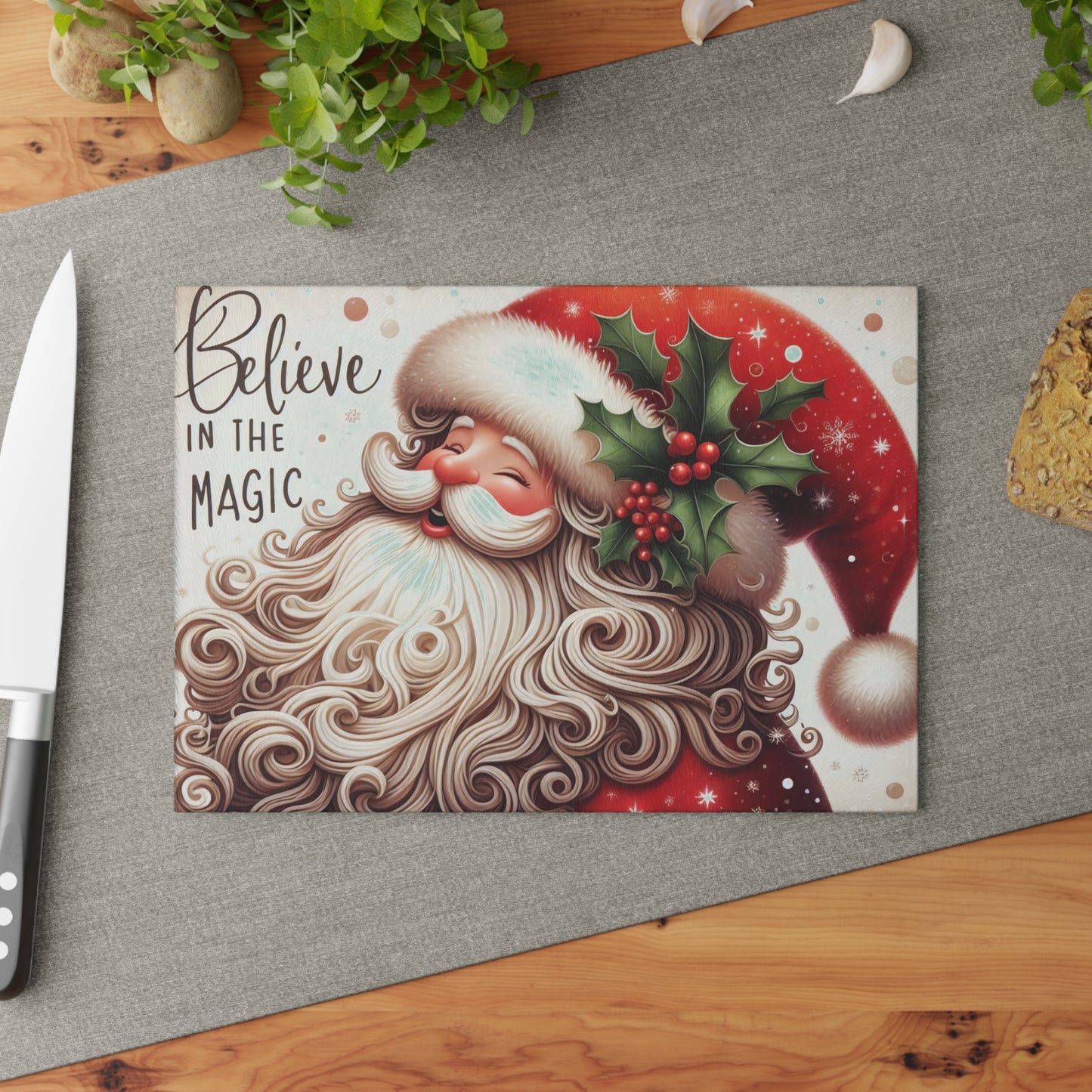 Festive Santa Glass Cutting Board - Believe in the Magic