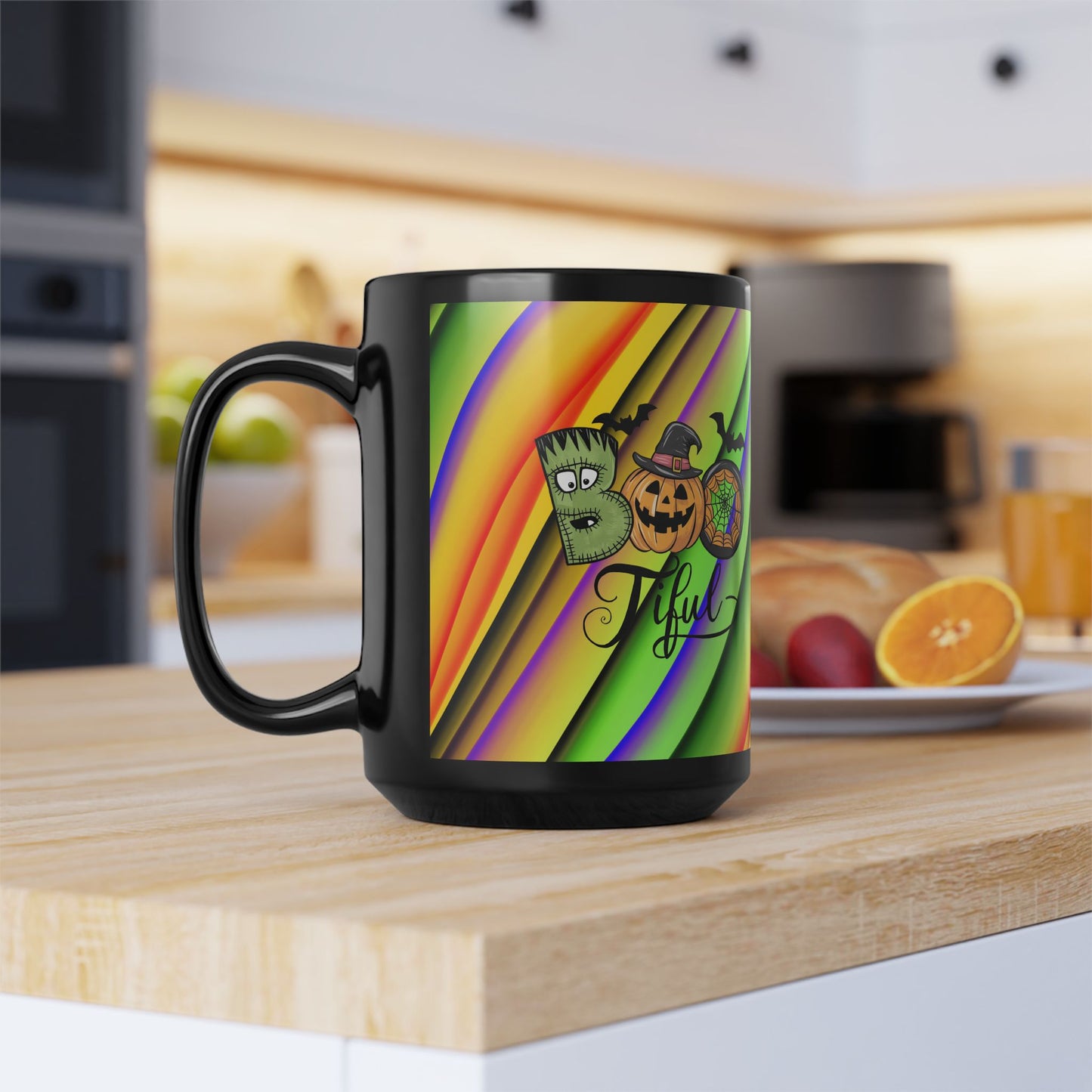 Halloween Theme Black Mug (11oz, 15oz), Cute Halloween Expression, Halloween Lovers, Coffee, Tea, Hot Chocolate Lovers, Great Gift Idea for Anyone