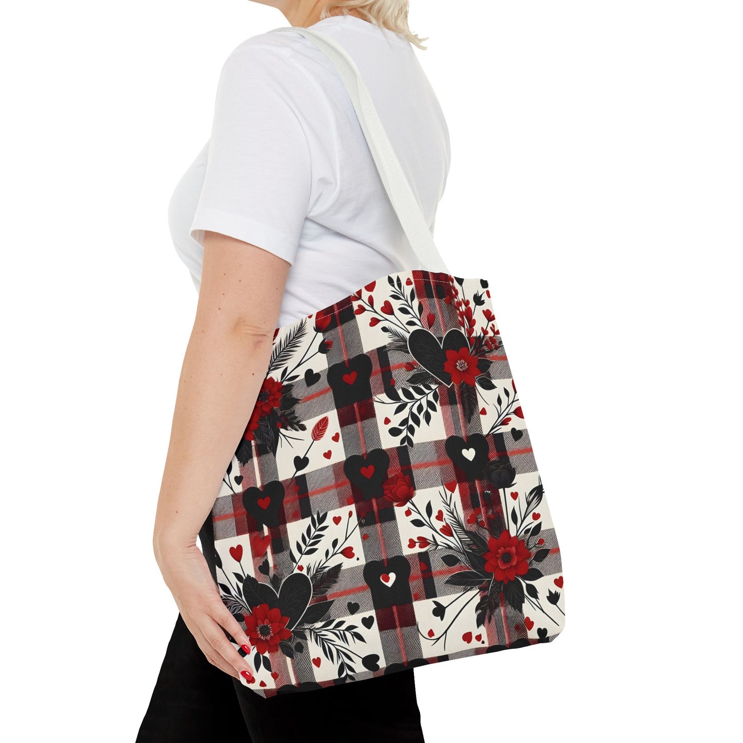 Fashionable Valentine Tote Bag (AOP) with Flowers and Hearts Plaid Design Pattern