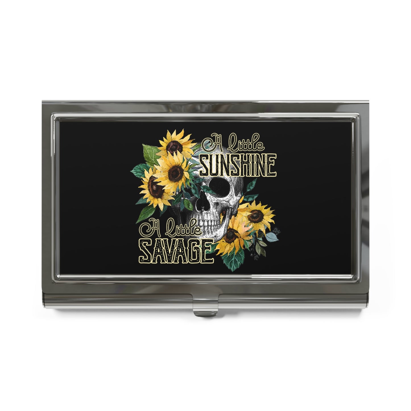 Business Card Holder — "A Little Sunshine, A Little Savage" Floral Skull Metal Case