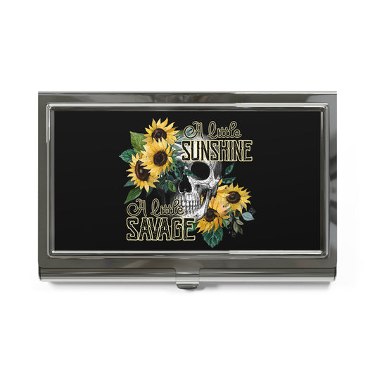 Business Card Holder — "A Little Sunshine, A Little Savage" Floral Skull Metal Case