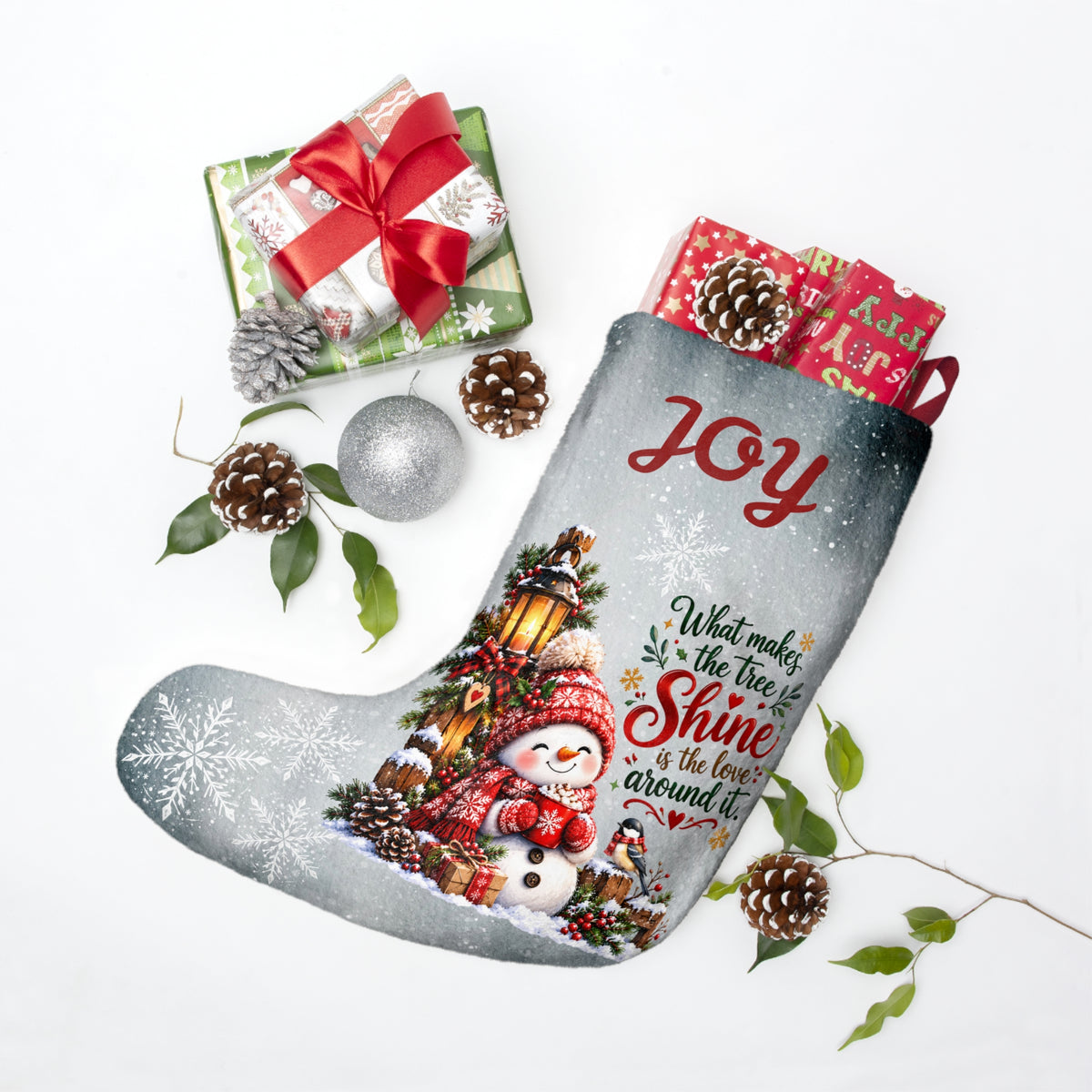 Joy Christmas Stocking with Snowman and Inspirational Quote