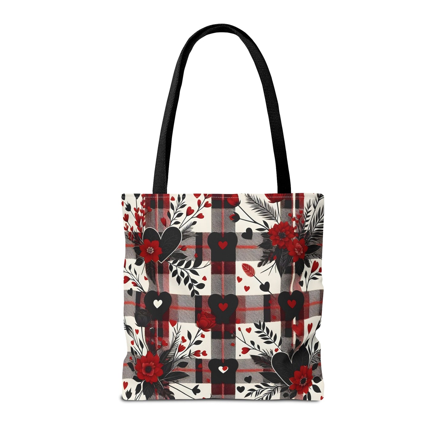 Fashionable Valentine Tote Bag (AOP) with Flowers and Hearts Plaid Design Pattern