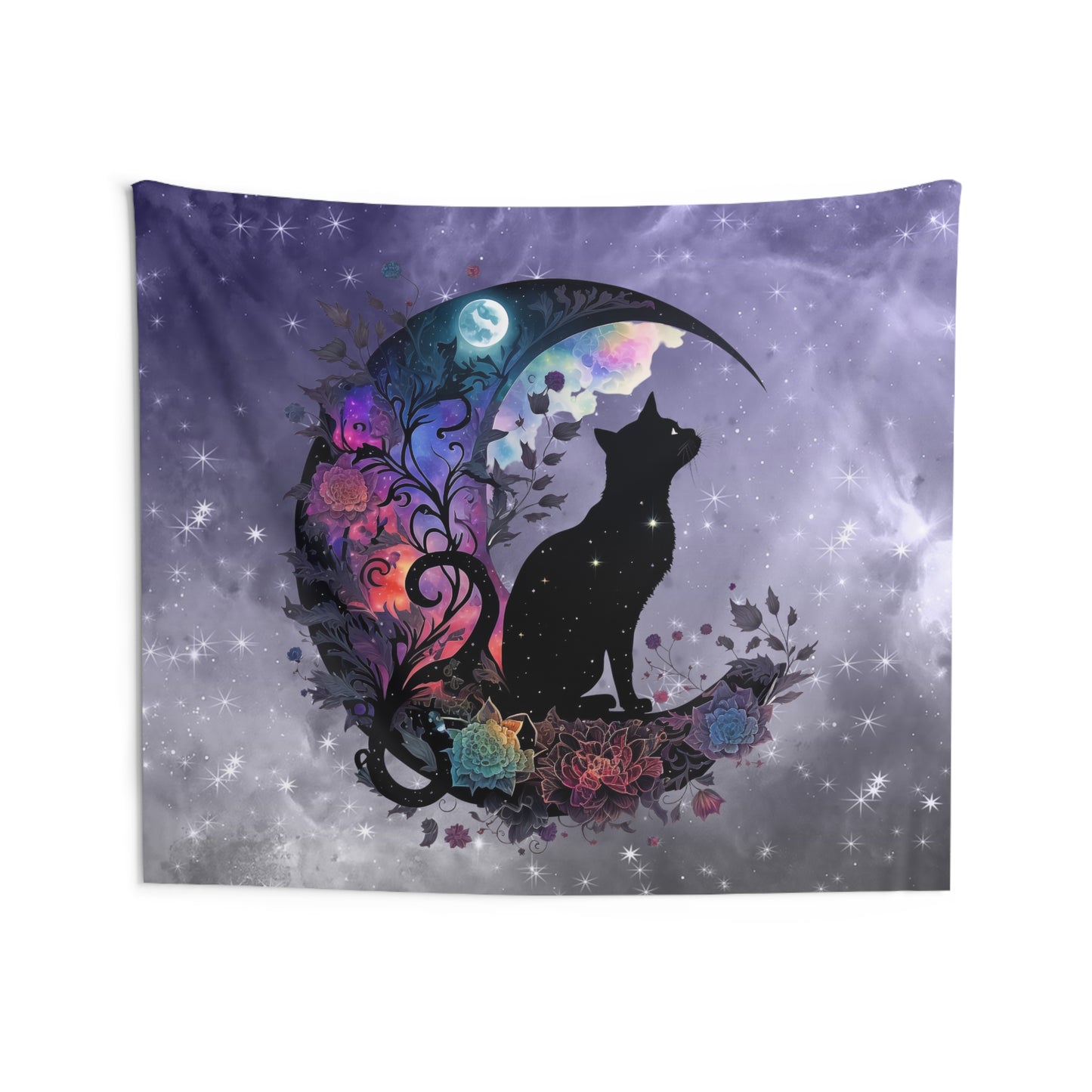 Celestial Cat Wall Tapestry, Bohemian Decor, Gothic Home Art, Cat Lover Gift, Bedroom Wall Hanging, Mystical Room Decor