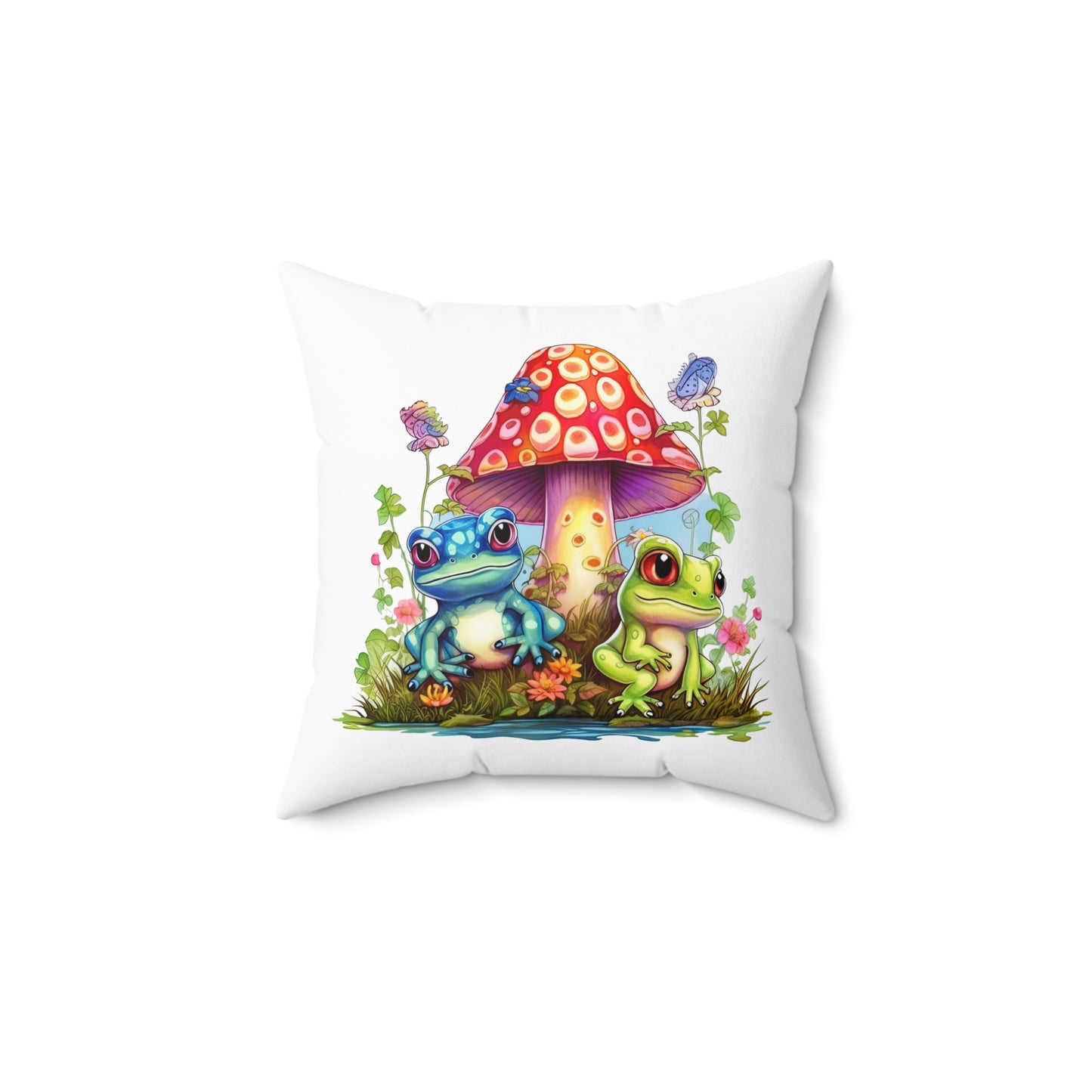 Decorative Spun Polyester Square Pillow, Stylish Mushroom and Frogs Decor for Home or Office, Great Gift Idea for Any Occasion for Anyone