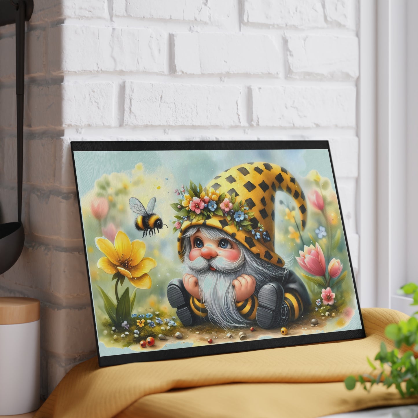 Glass Cutting Board — Cute Bee Gnome Floral Kitchen Cutting Board