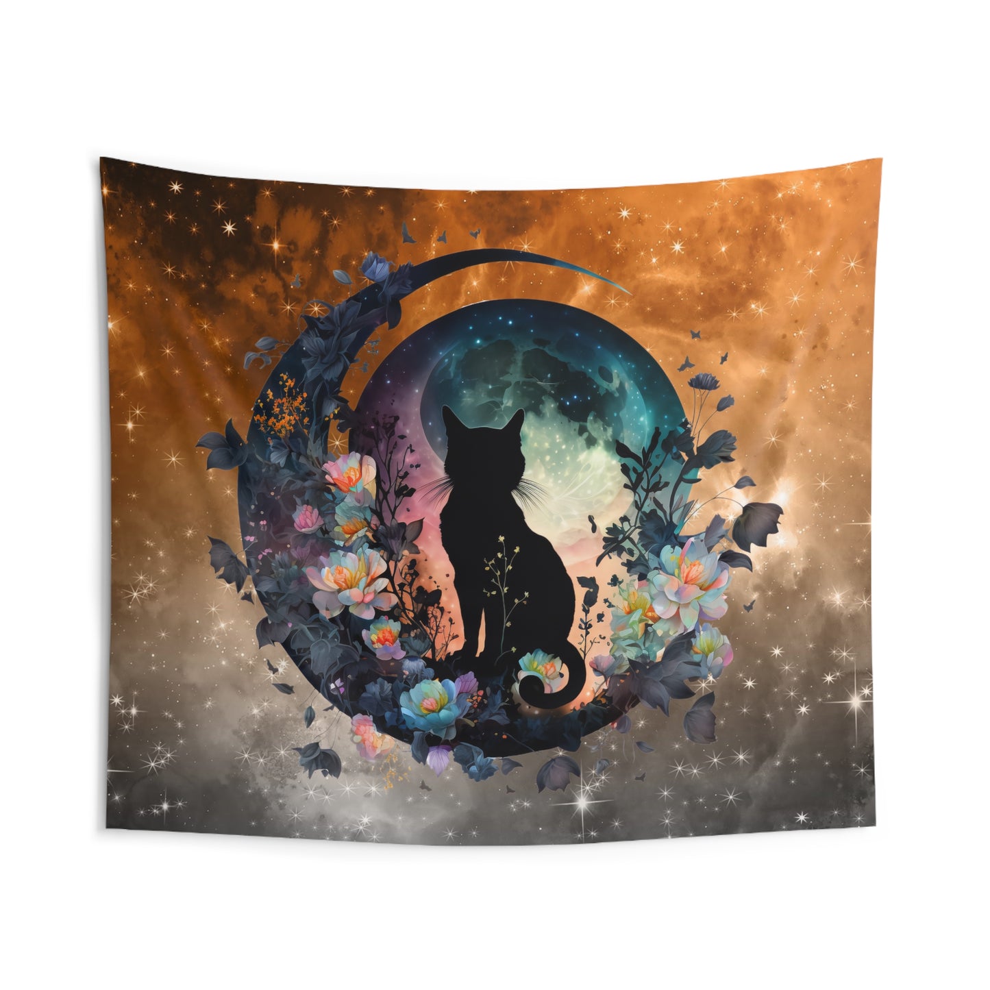 Mystical Cat Indoor Wall Tapestry, Bohemian Home Decor, Cat Lovers Gift, Space Art, Floral Wall Hanging