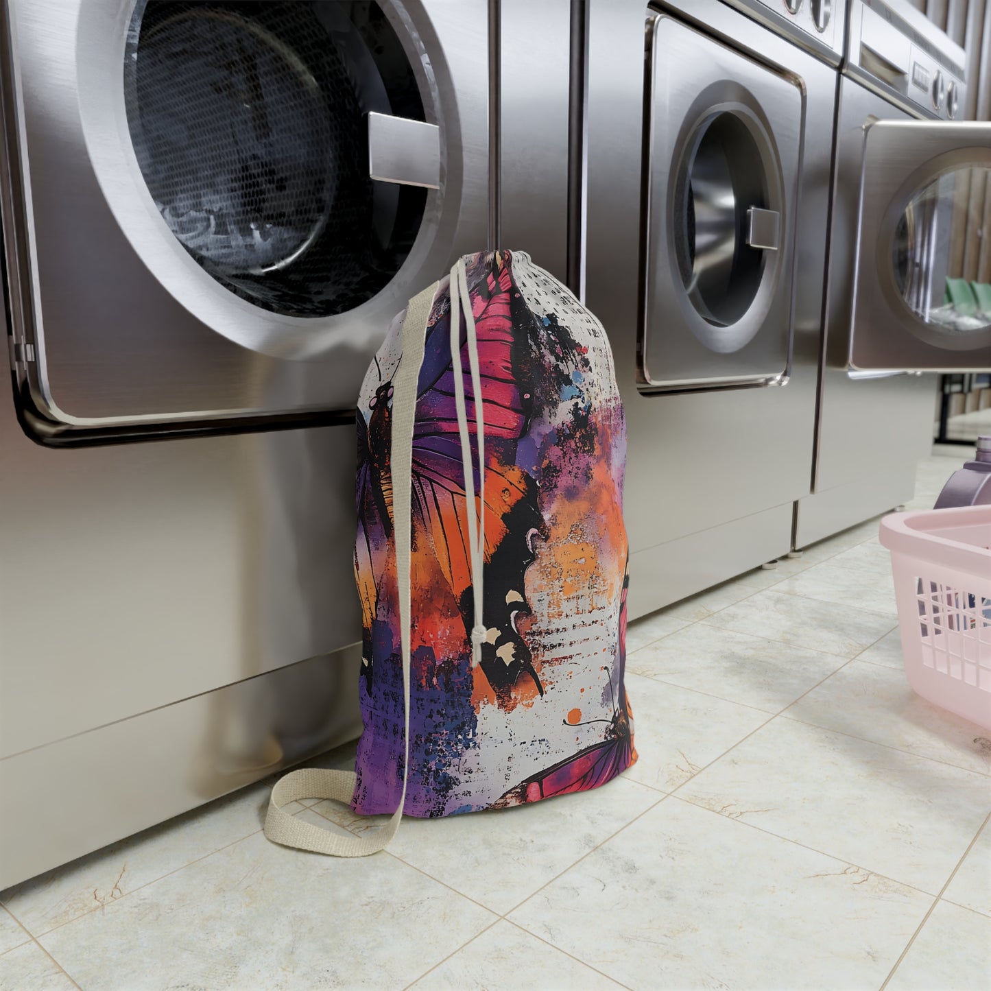 Butterfly Art Laundry Bag — Colorful Watercolor Wings Drawstring Laundry Tote