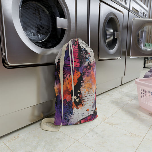 Butterfly Art Laundry Bag — Colorful Watercolor Wings Drawstring Laundry Tote
