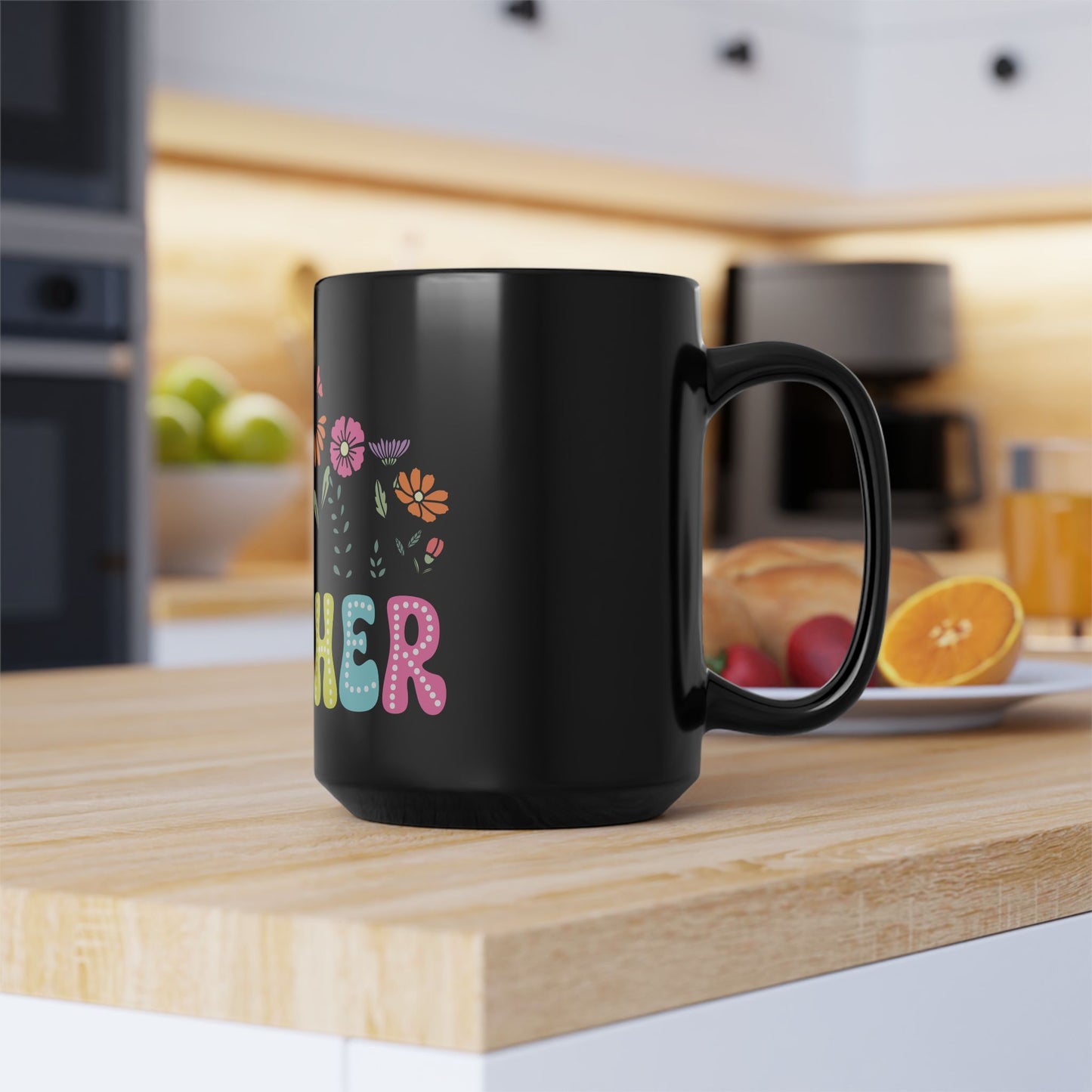 Education Theme Teacher with Floral Black Mug (11oz, 15oz) Great Gift for Teachers to Enjoy Their Coffee, Tea or Hot Chocolate, Gift Idea for Educators