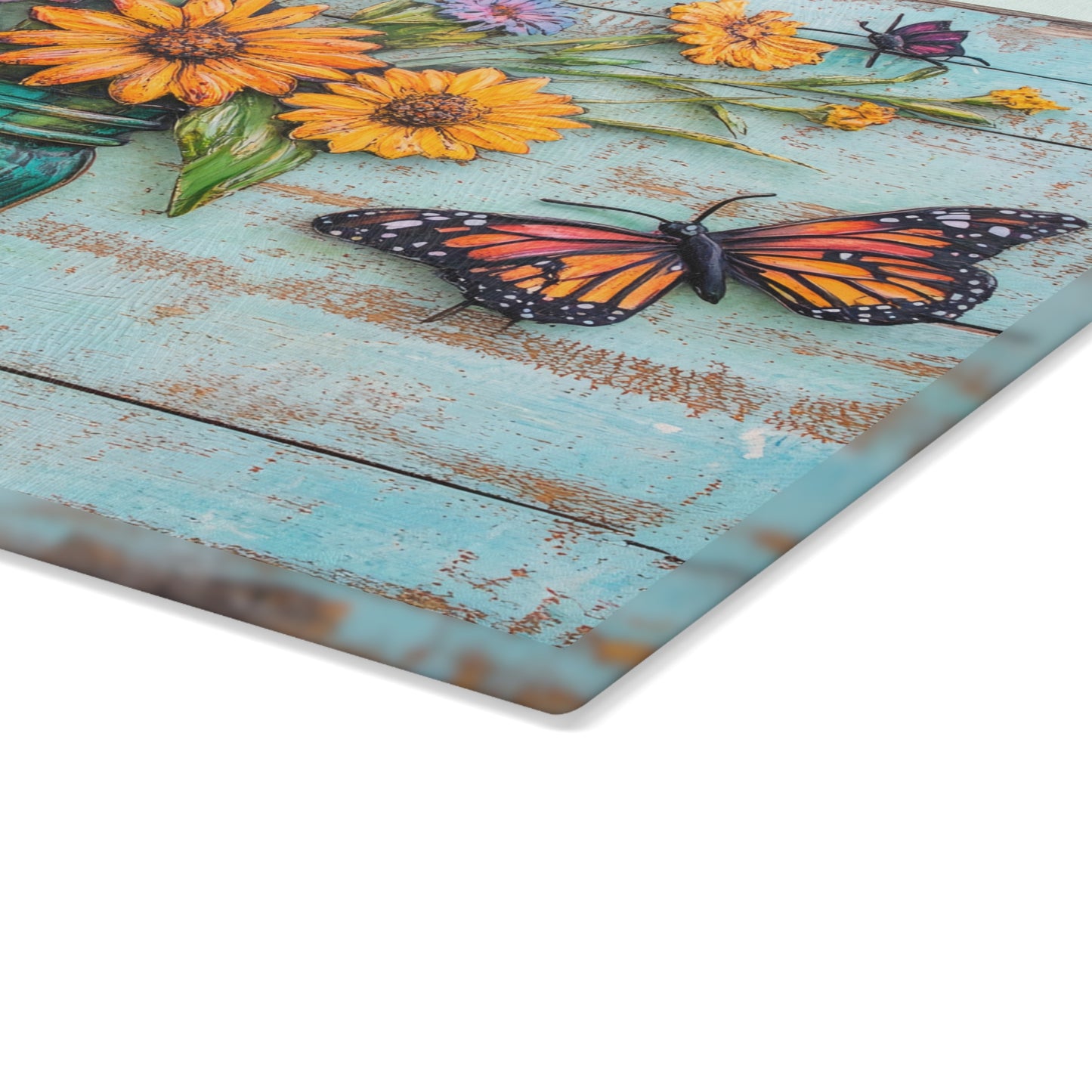 Mason Jar Floral with Butterflies Glass Cutting Board