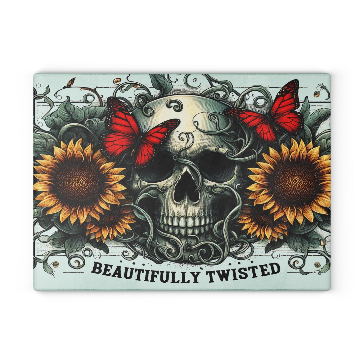 Beautifully Twisted Skull Glass Cutting Board with Sunflowers and Butterflies
