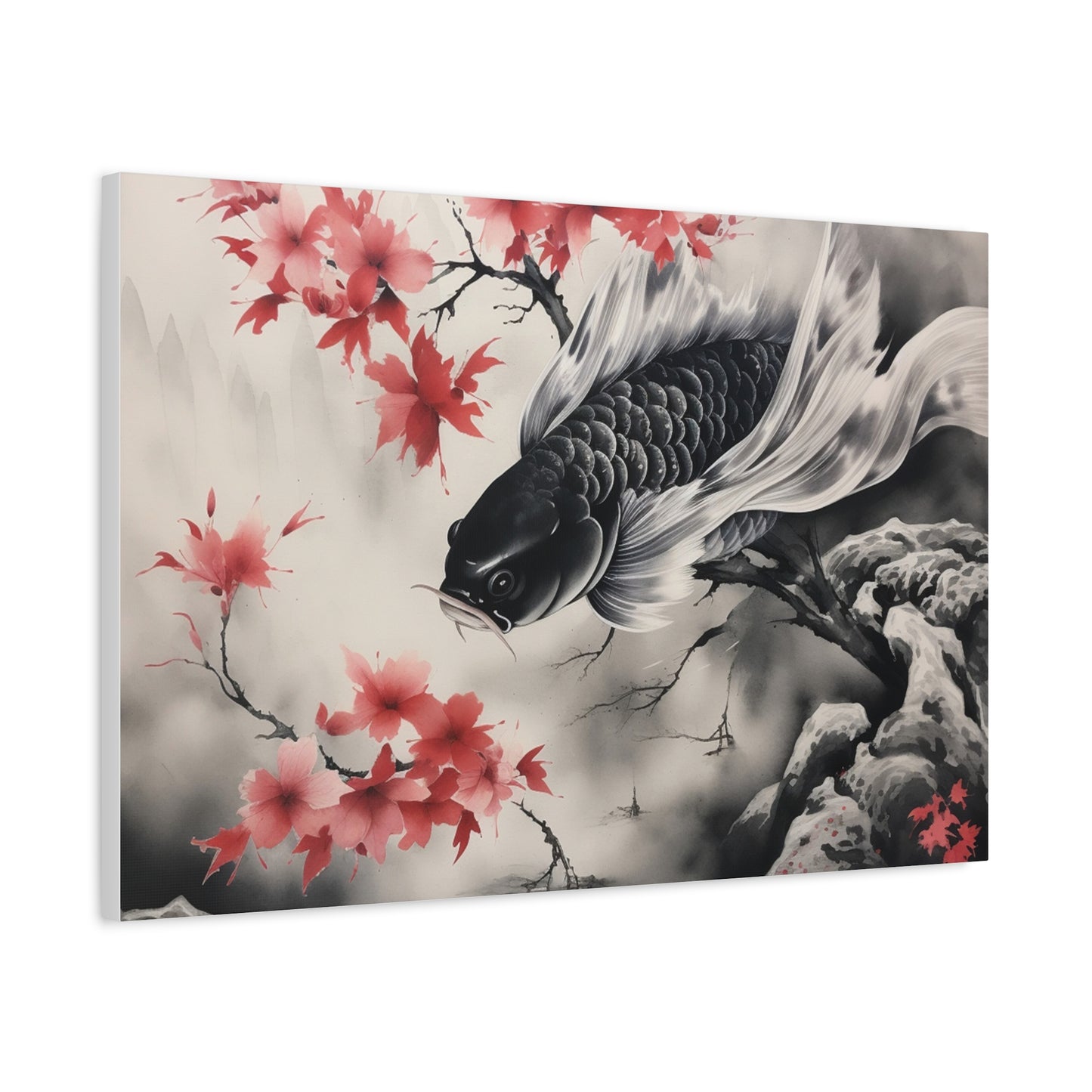 Koi Fish Artwork Canvas Wall Art Print - Elegant Decorative Wall Art with Cherry Blossoms
