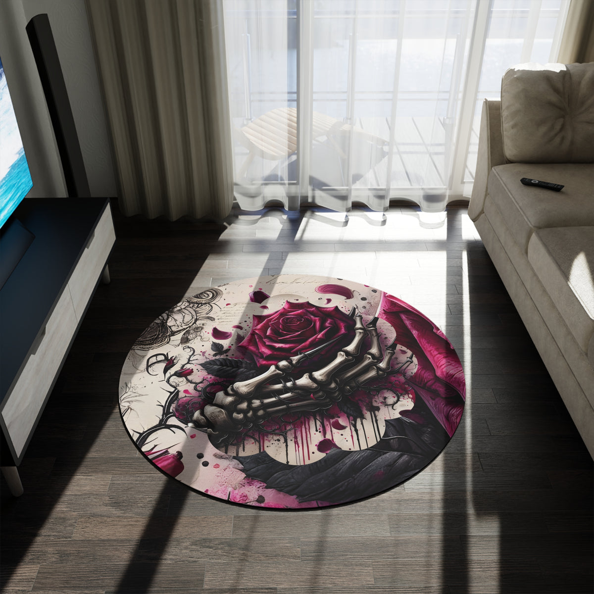 Gothic Rose Skeleton Hand Round Floor Rug — Dark Floral Round Floor Rug Decor