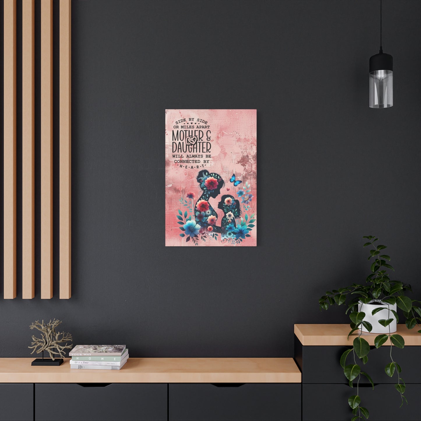 Mother-Daughter Love With Floral And Butterfly Canvas Wall Art Print