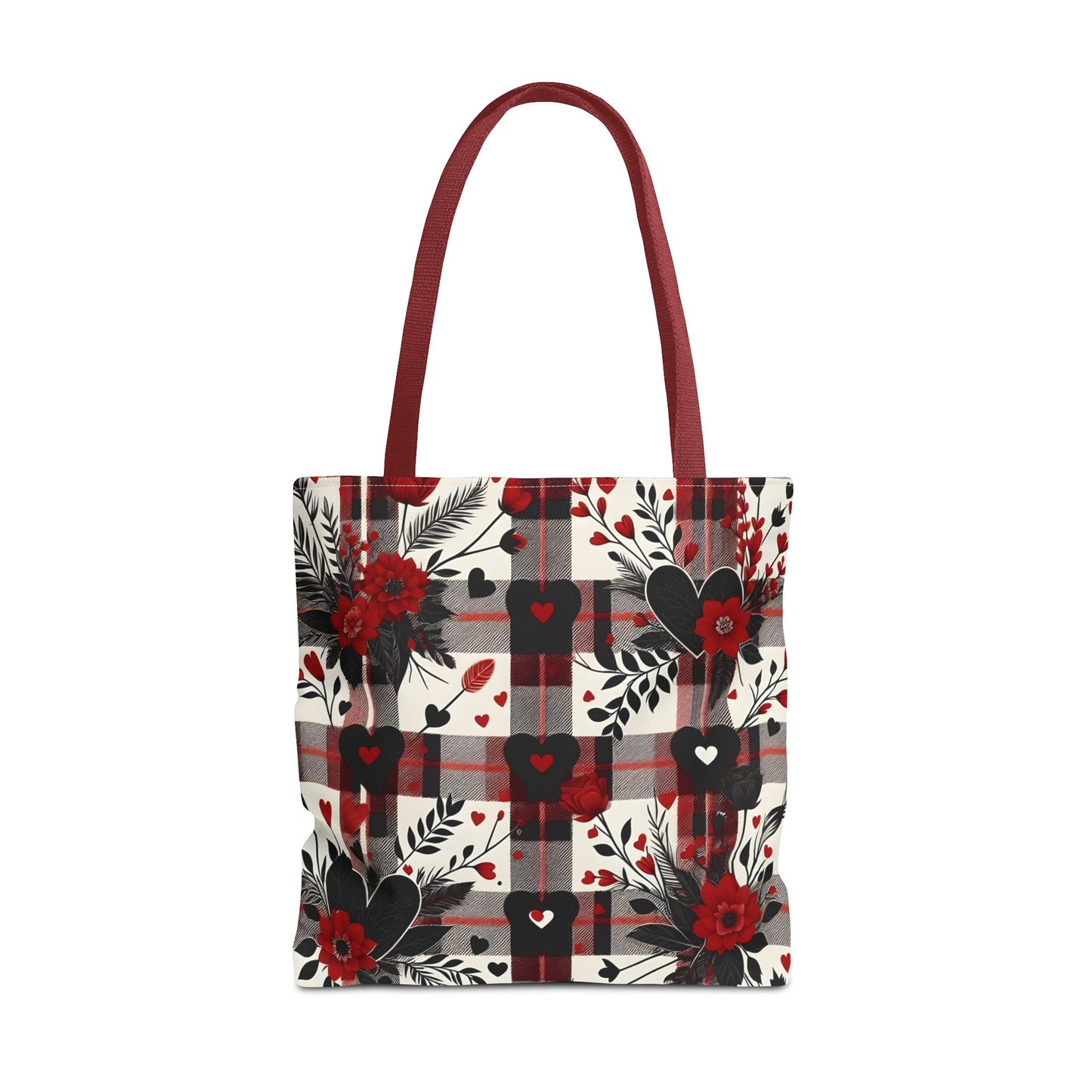 Fashionable Valentine Tote Bag (AOP) with Flowers and Hearts Plaid Design Pattern