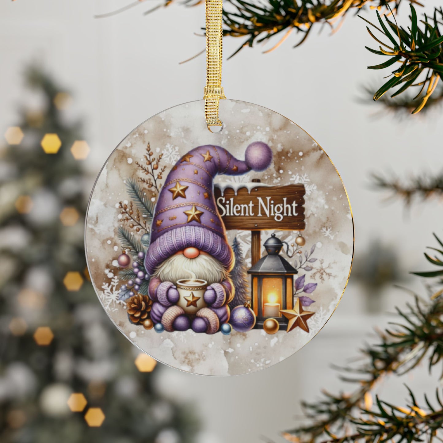 Silent Night Christmas Acrylic Ornament - Festive Gnome Holiday Decoration