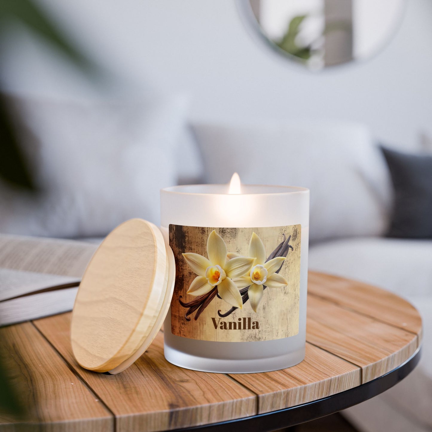 Vanilla Frosted Glass Candle – 11oz Scented Soy Candle with Wooden Lid