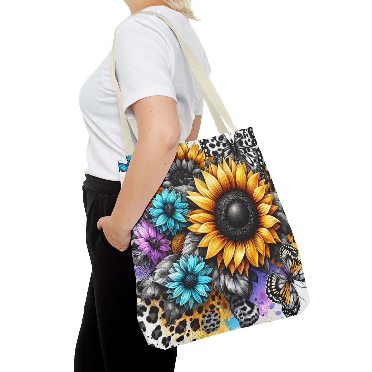 Sunflower & Butterfly Tote Bag — Colorful Floral All-Over Print