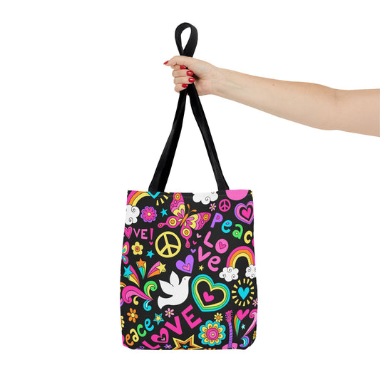 Fashionable Tote Bag (AOP), Stylish, Peace Lovers, Hippie Theme, Great Gift Idea for Birthdays, Holidays or Any Occasion for Anyone