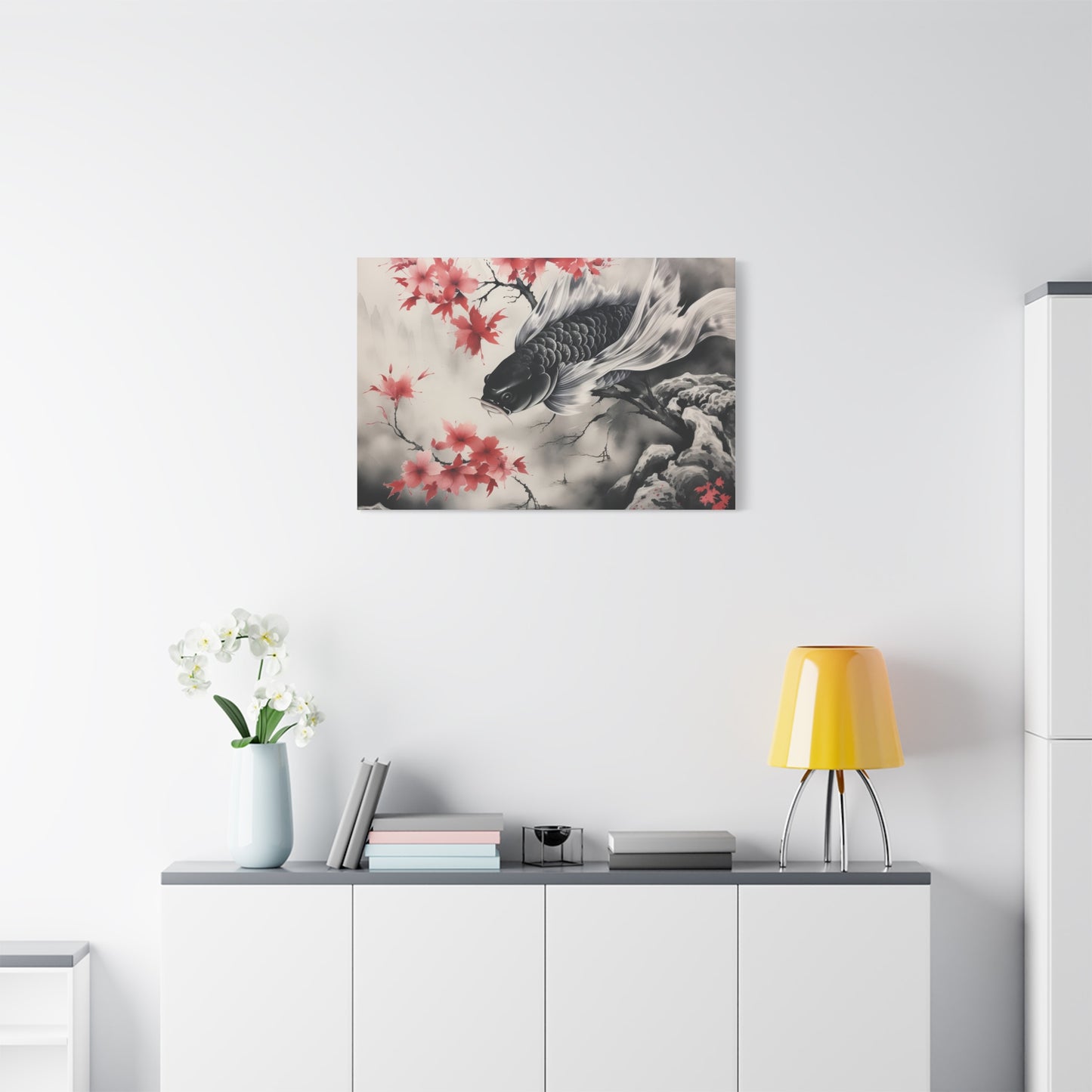 Koi Fish Artwork Canvas Wall Art Print - Elegant Decorative Wall Art with Cherry Blossoms
