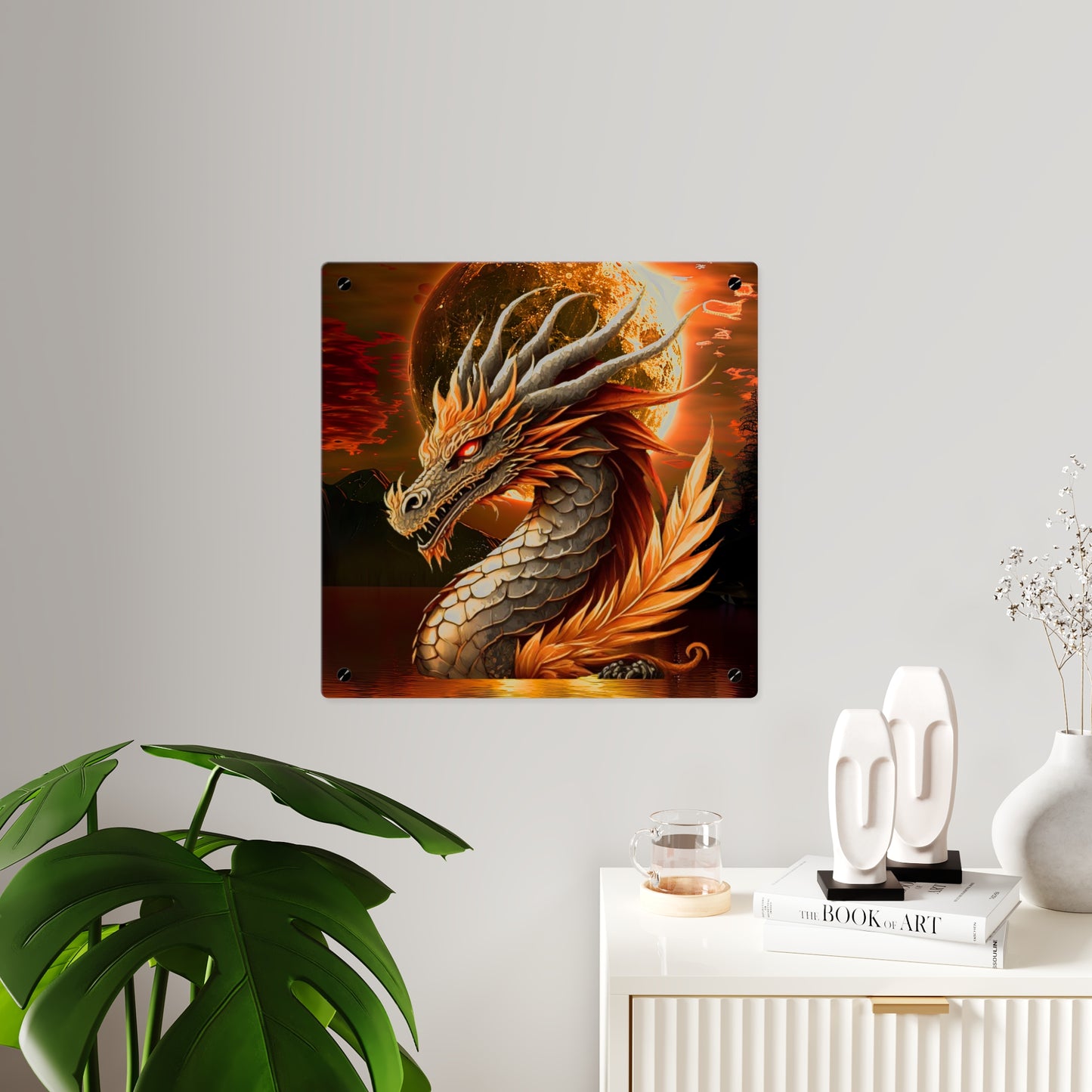 Gothic Theme Acrylic Wall Art Panels, Beautiful Dragon with Moon Background Decor, Accent for Any Room, Dragon Lovers, for Anyone