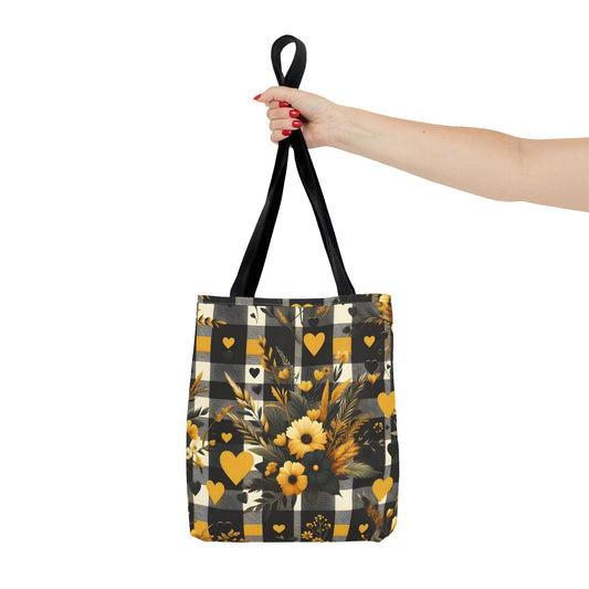 Stylish Yellow and Black Plaid Pattern with Floral and Hearts Tote Bag(AOP)
