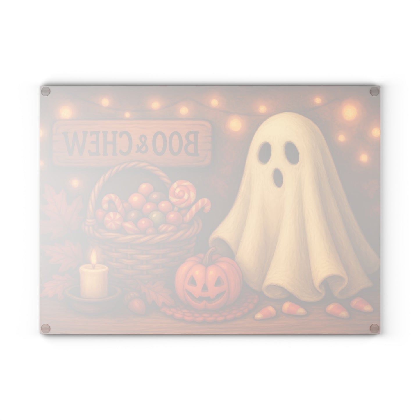 Halloween Themed Glass Cutting Board with 'Boo & Chew' Design