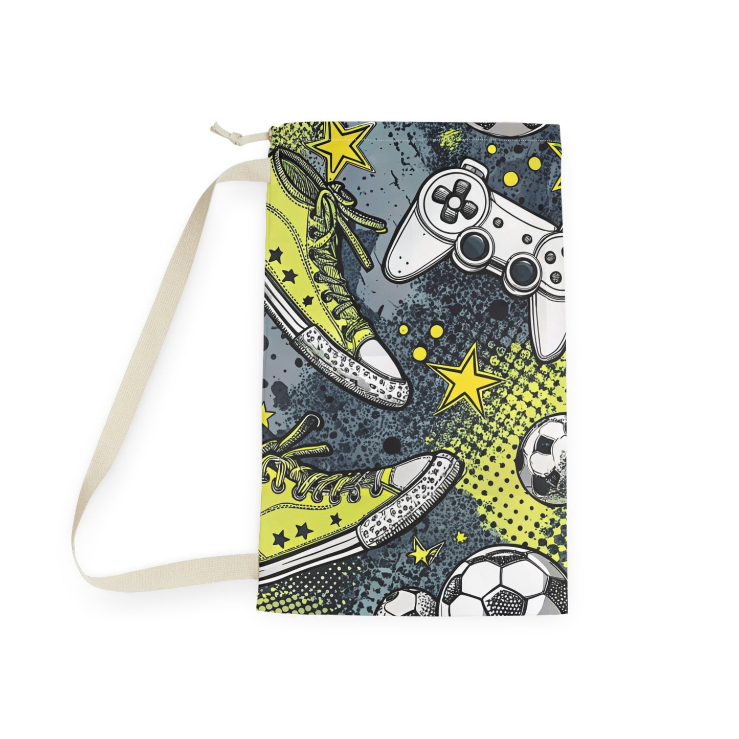 Sports & Gaming Laundry Bag — Soccer Ball, Sneakers & Controller Print