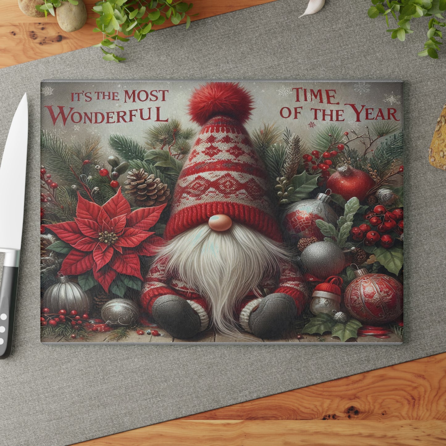 Festive Gnome Glass Cutting Board - Perfect for Holiday Cooking